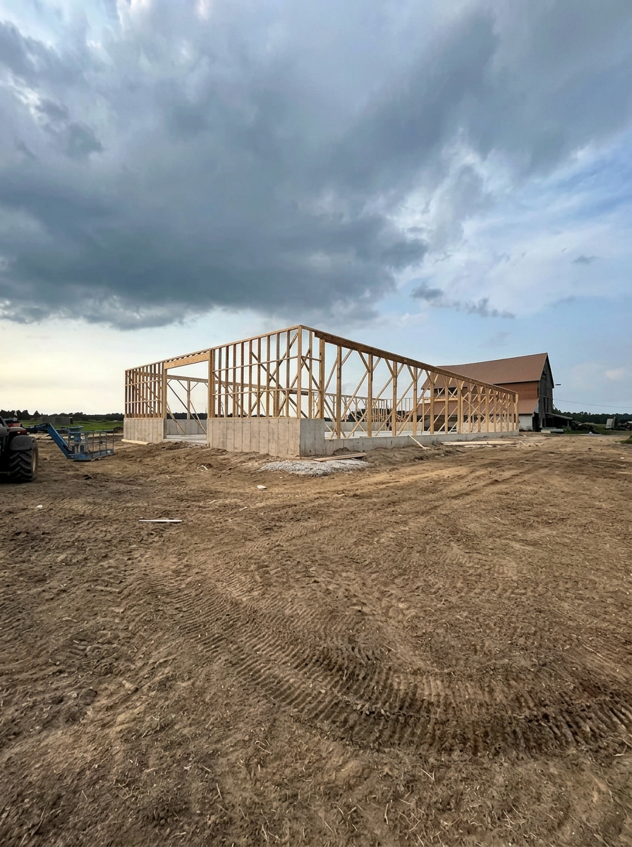 Shelvalley Carpentry post-frame building under construction with timber framing on a prairie job site