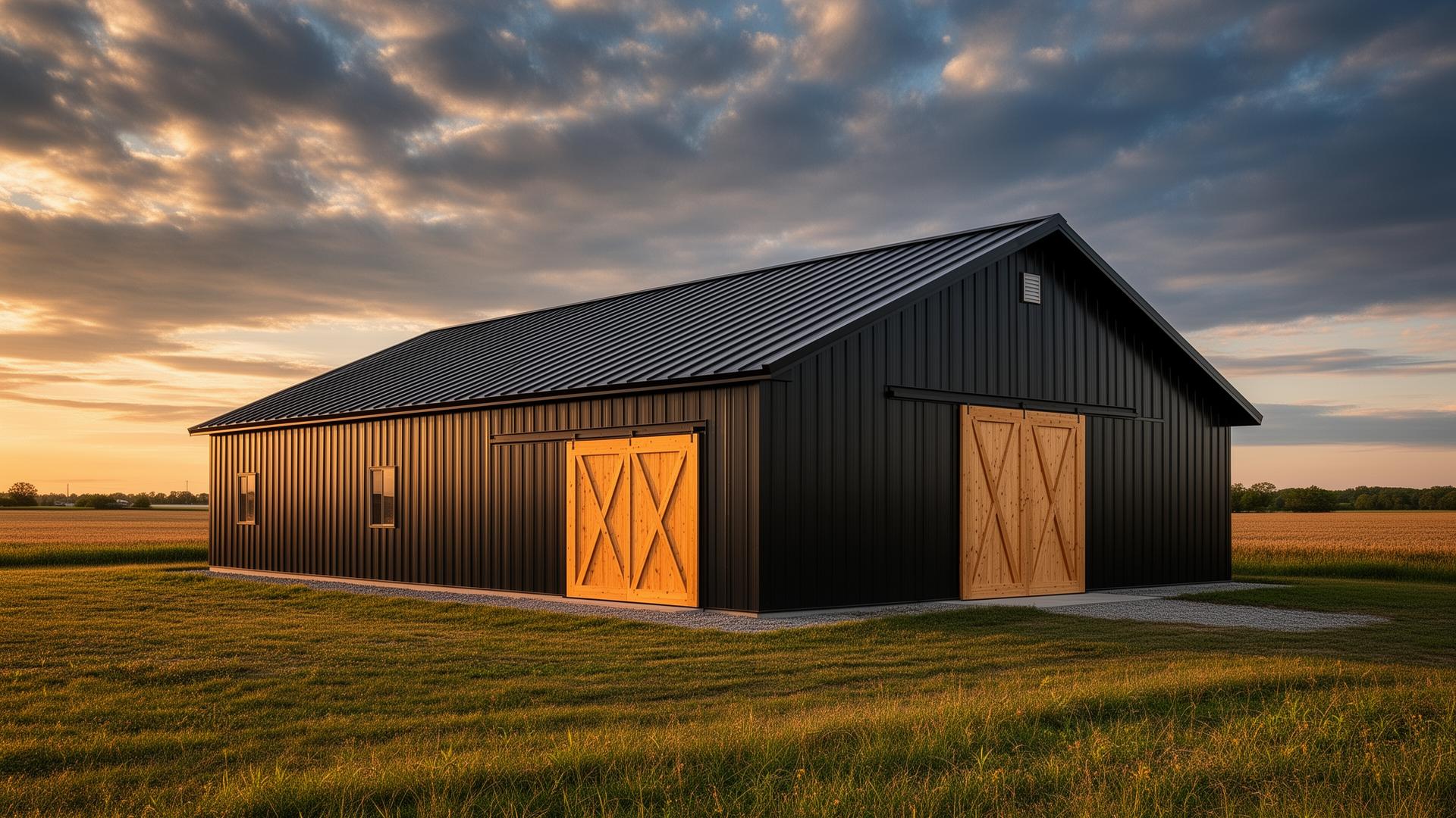 Premium charcoal steel post-frame barn with timber doors built by Shelvalley Carpentry in rural Ontario